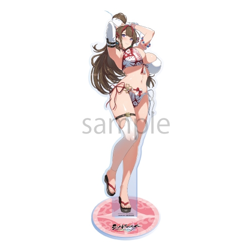 Acrylic stand showing an illustrated anime character wearing a red-and-white bikini standing on a round pink base, with a 'sample' watermark.