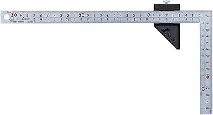 Silver metal L-shaped ruler about 30 cm long showing measurement markings with a black stopper attached.