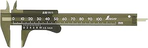 Plastic caliper (Shinwa) showing the 0–100 mm scale and measuring jaws.