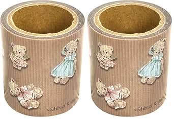 Two rolls of masking tape showing small teddy bear illustrations on a brown striped background.