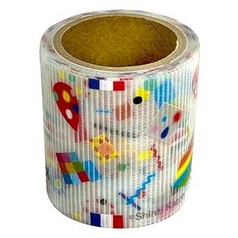 Roll of masking tape decorated with colorful geometric shapes and small whimsical motifs on a white ribbed background.