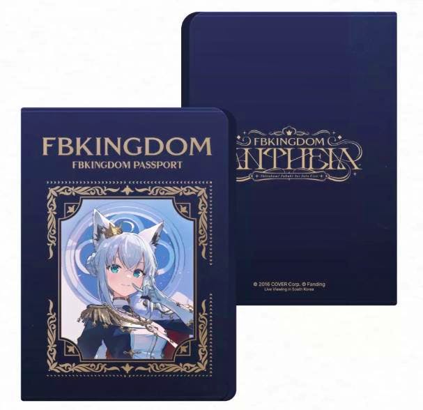 Dark blue passport case shown front and back with "FBKINGDOM" text and an illustrated white-haired fox-eared character on the front.