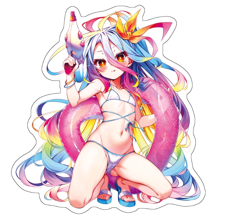 An illustrated acrylic stand showing a female character in a white bikini holding a pink inflatable ring and a shell.