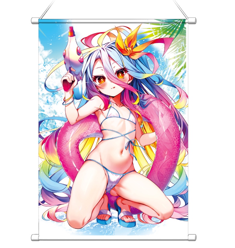 Illustrated B2 tapestry showing an anime girl kneeling in a white bikini with a pink inflatable ring and a water gun.