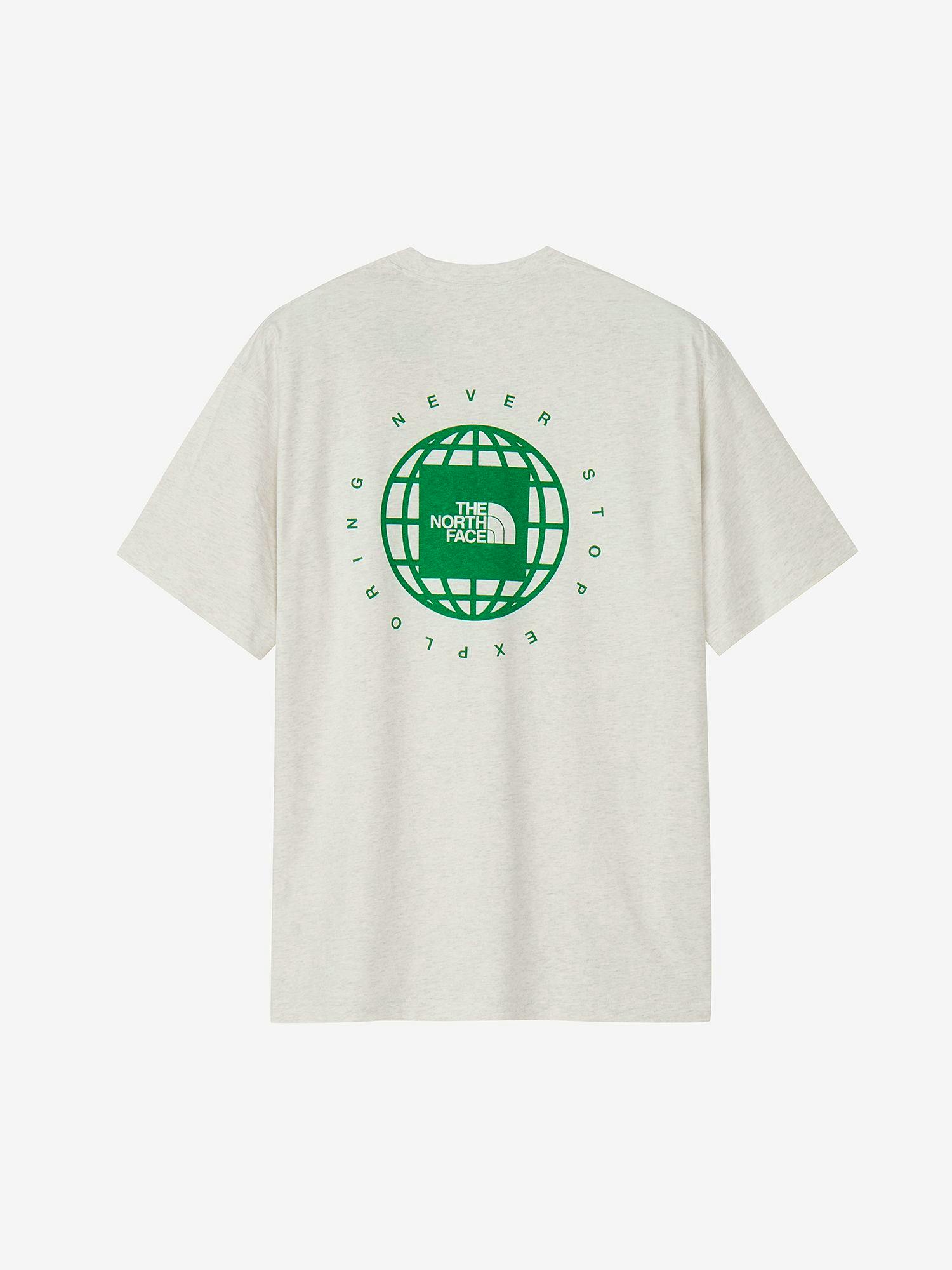 Back view of a light-colored men's short-sleeve cotton T-shirt showing a green square globe graphic with The North Face logo printed on the upper back.