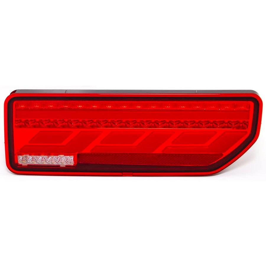 Front-facing photo of a red rectangular sequential LED taillight for a Jimny on a white background.