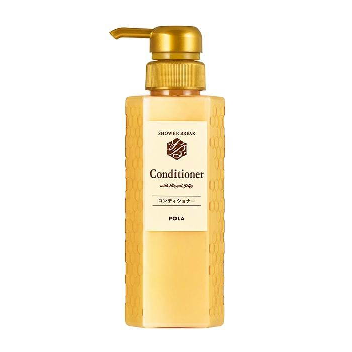 Front view of a gold pump bottle of Shower Break Conditioner with a rectangular label reading "Conditioner".
