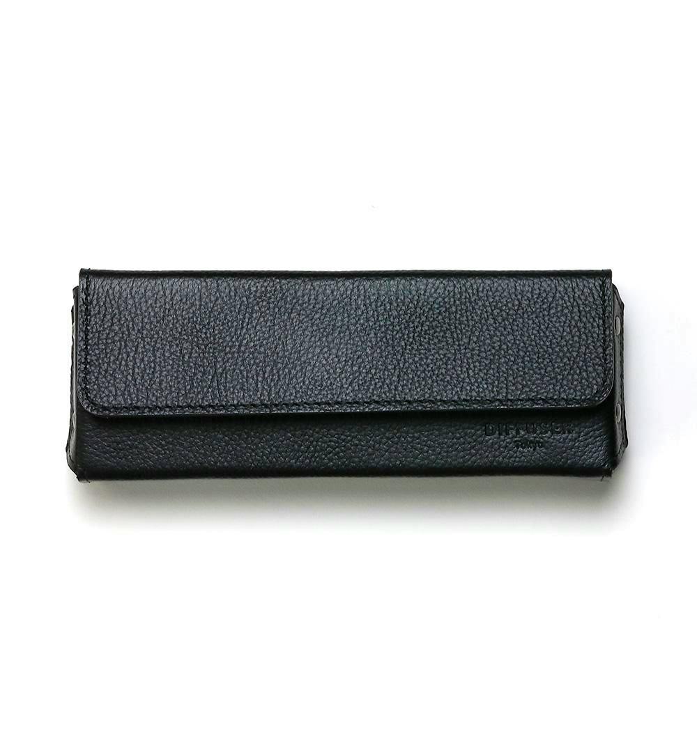 Black rectangular shrink leather eyewear case with a front flap shown on a white background.