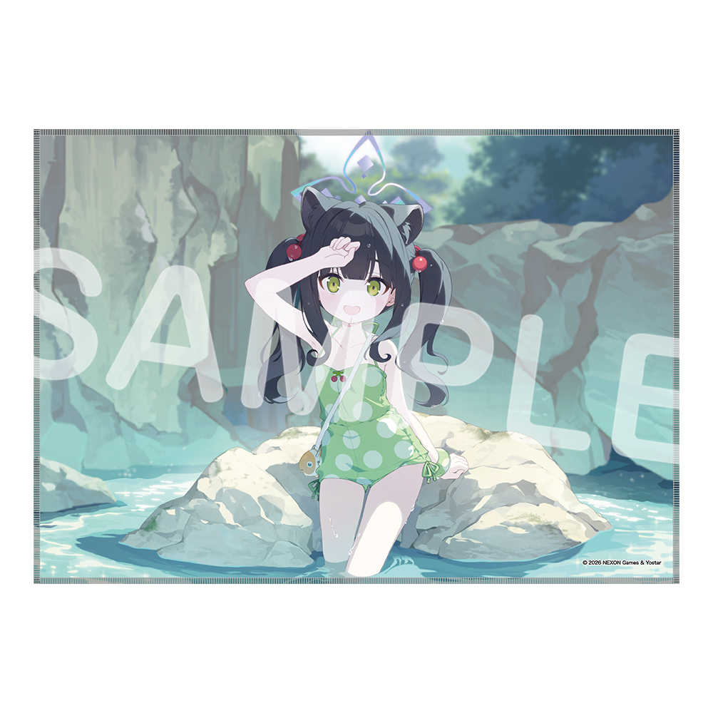Microfiber cloth showing an illustration of a character in a green polka-dot swimsuit kneeling in water with a SAMPLE watermark.