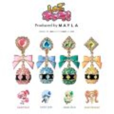 Four decorative ear-object earrings with bows shown alongside their matching chibi character icons on a white background.