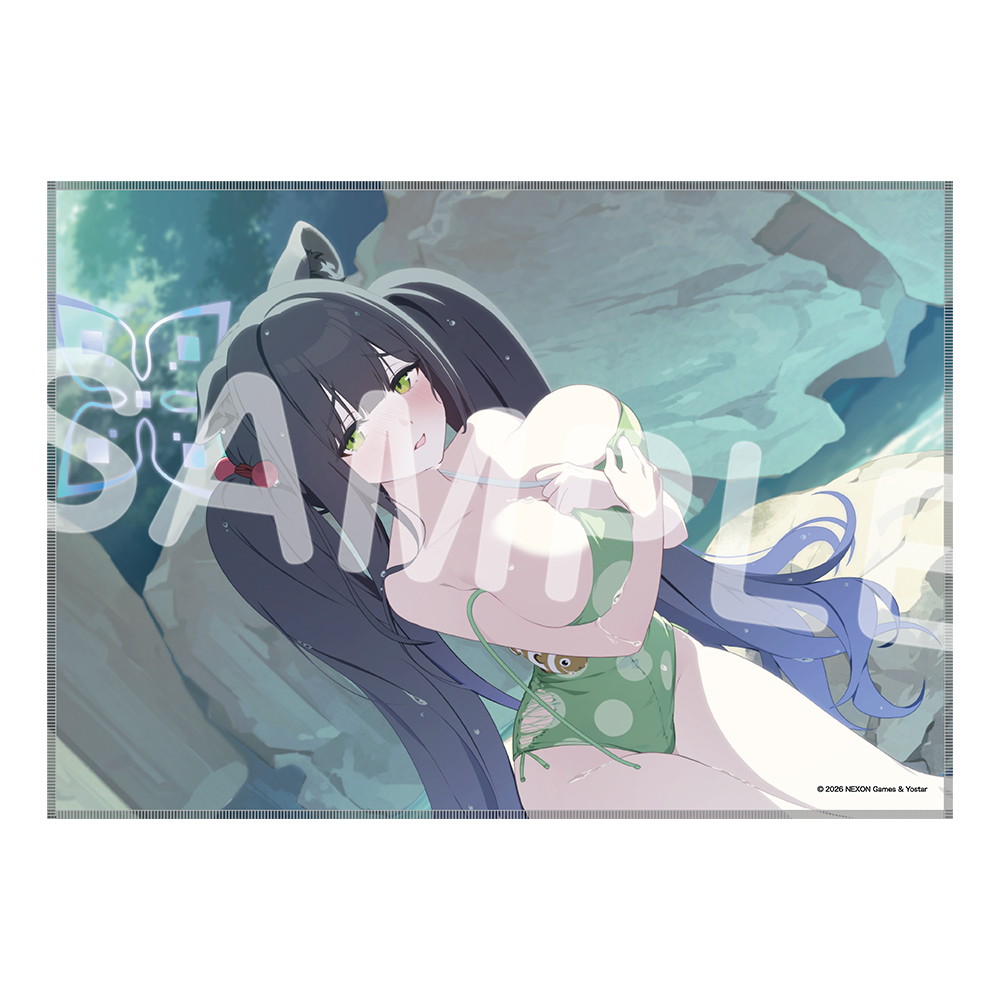 Microfiber cloth showing an illustrated character in a green swimsuit reclining against rocks.