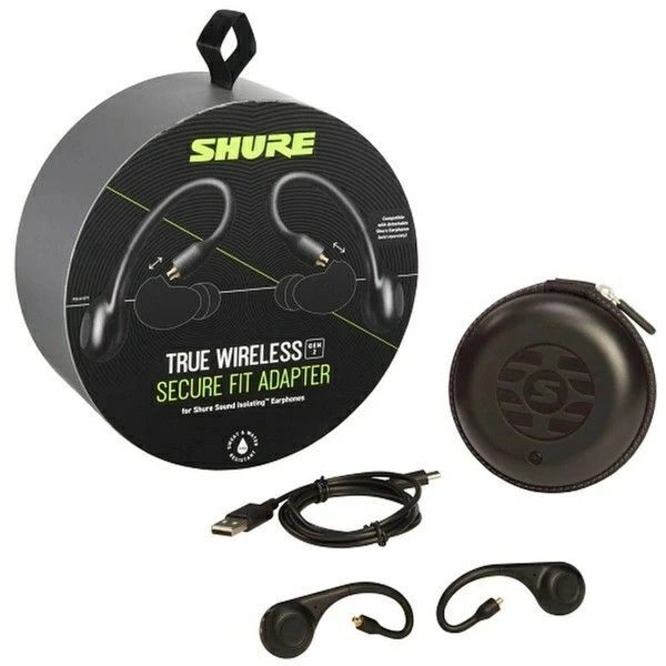 Photo of SHURE RMCE-TW2 packaging with two secure-fit adapter pieces, USB cable, and round carrying case.