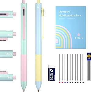 Two pastel-colored 4-in-1 multifunction pens displayed with replacement ink refills, pencil leads, and the product box.