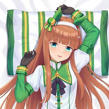Front illustration of a Silence Suzuka dakimakura pillow cover showing the character lying on a striped pillow background.