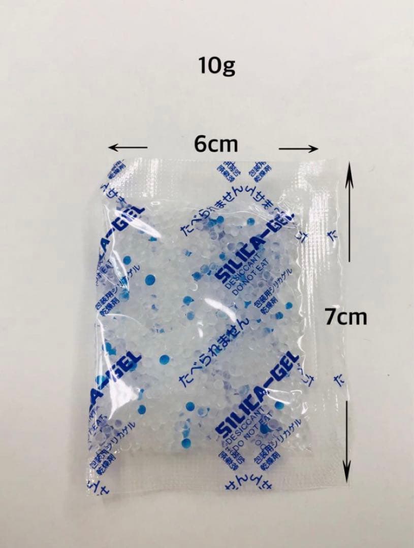 A single 10g silica gel moisture-absorbent packet on a white background with dimensions labeled 6 cm by 7 cm.