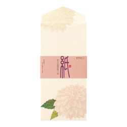 Cream-colored envelope showing a dahlia floral pattern with a pink paper band across the center.