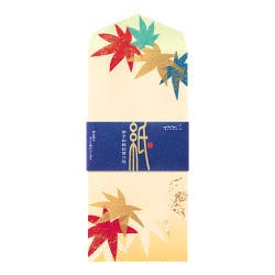 Front view of the envelope showing colorful maple-leaf designs and a blue decorative band.