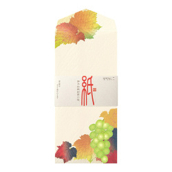 A silk envelope showing a printed grape cluster and autumn leaves on a cream background.