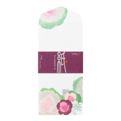 A white silk envelope with pink and green floral wreath pattern and a purple band across the middle.
