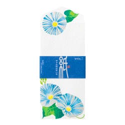 White envelope decorated with blue morning-glory flower prints and a blue paper band.