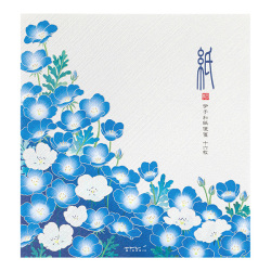 A sheet of letter paper featuring a blue nemophila floral pattern along the bottom-left and Japanese characters at the upper right.