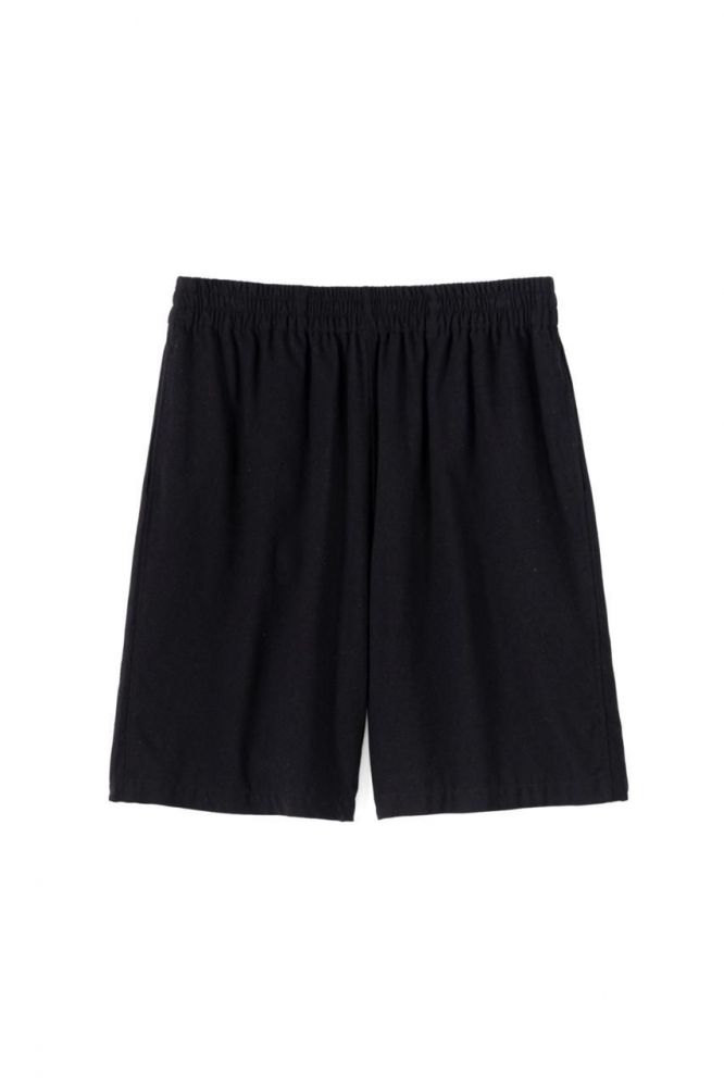 Black Silk Noil Viscose Sleeping Easy shorts laid flat on a white background, front view.