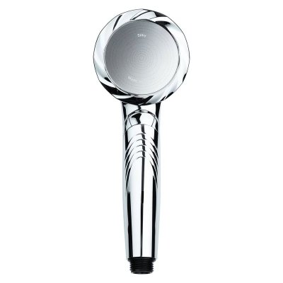 Studio image of a stainless steel handheld showerhead showing its face and handle against a white background.