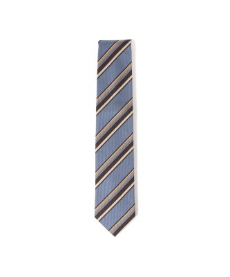 A blue silk striped necktie laid flat on a white background.