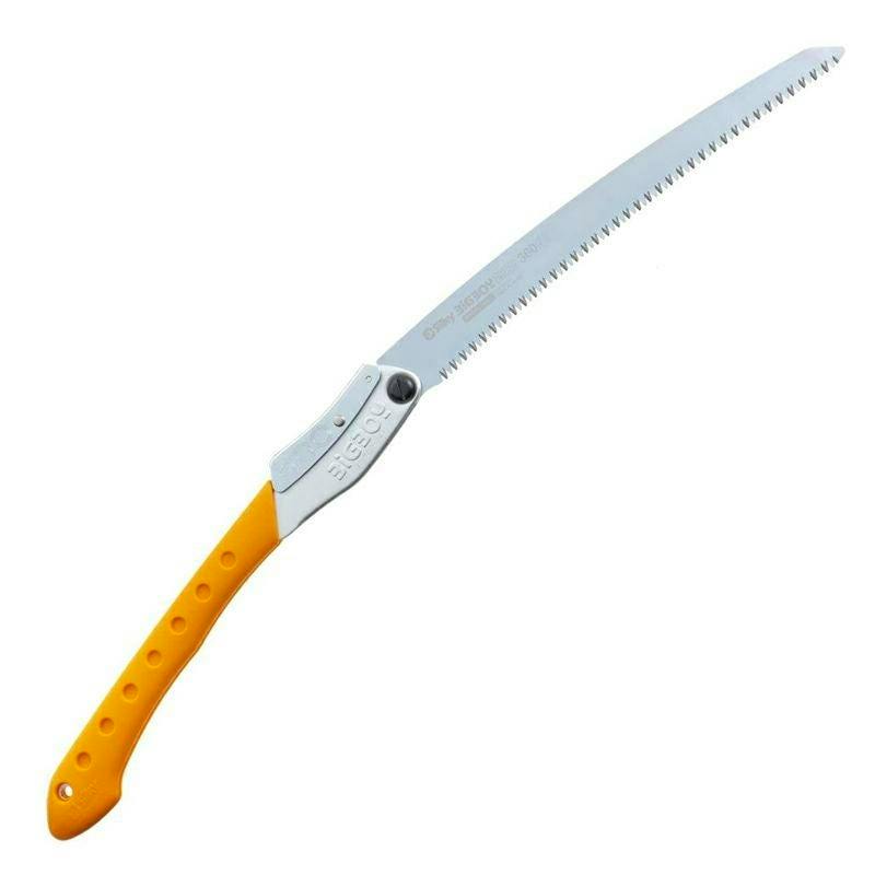 A yellow‑handled folding pruning saw with a long curved toothed blade.