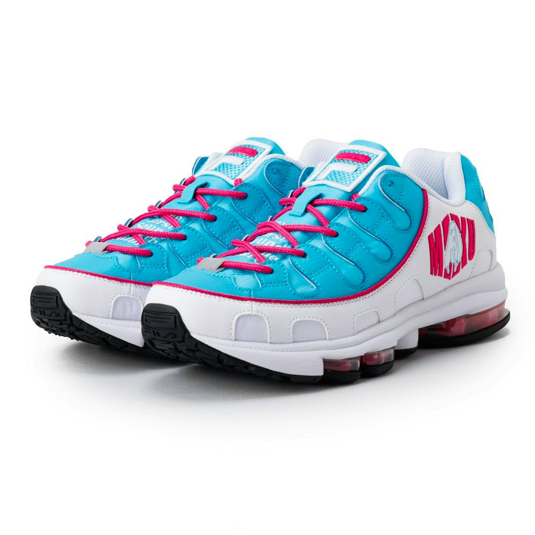 Three-quarter front view of a pair of SILVA TRAINER X MIKU white/blue/pink synthetic leather sneakers showing turquoise uppers, pink laces, white midsoles, and black outsoles.
