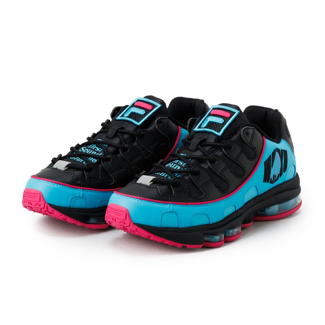 Pair of unisex SILVA TRAINER X MIKU black, blue, and pink synthetic leather sneakers shown at an angled front view on a white background.