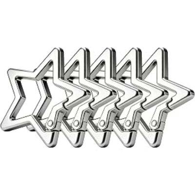 Five silver star-shaped aluminum carabiner key rings displayed overlapping on a white background.