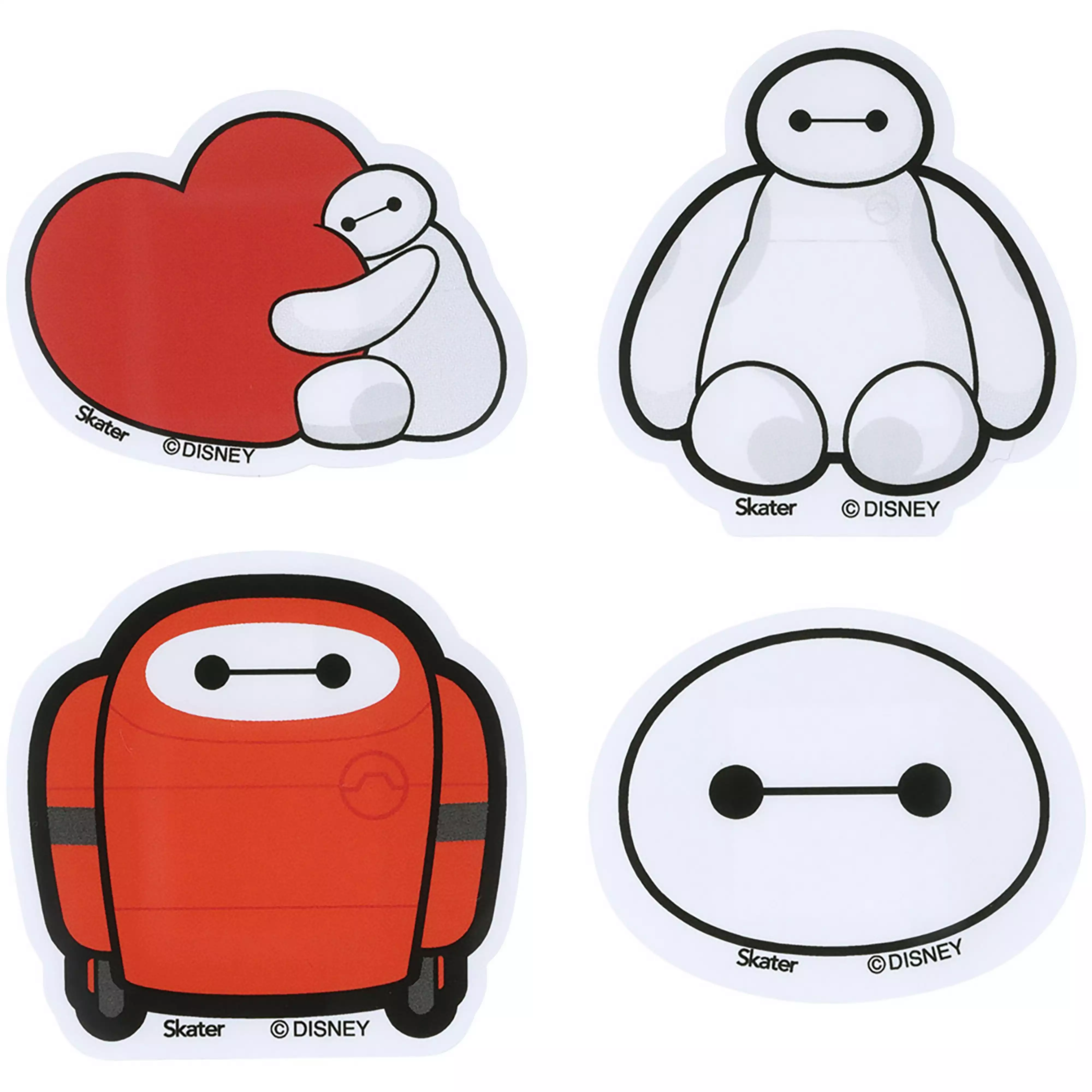 Four die-cut Baymax character adhesive bandages in different shapes on a white background.