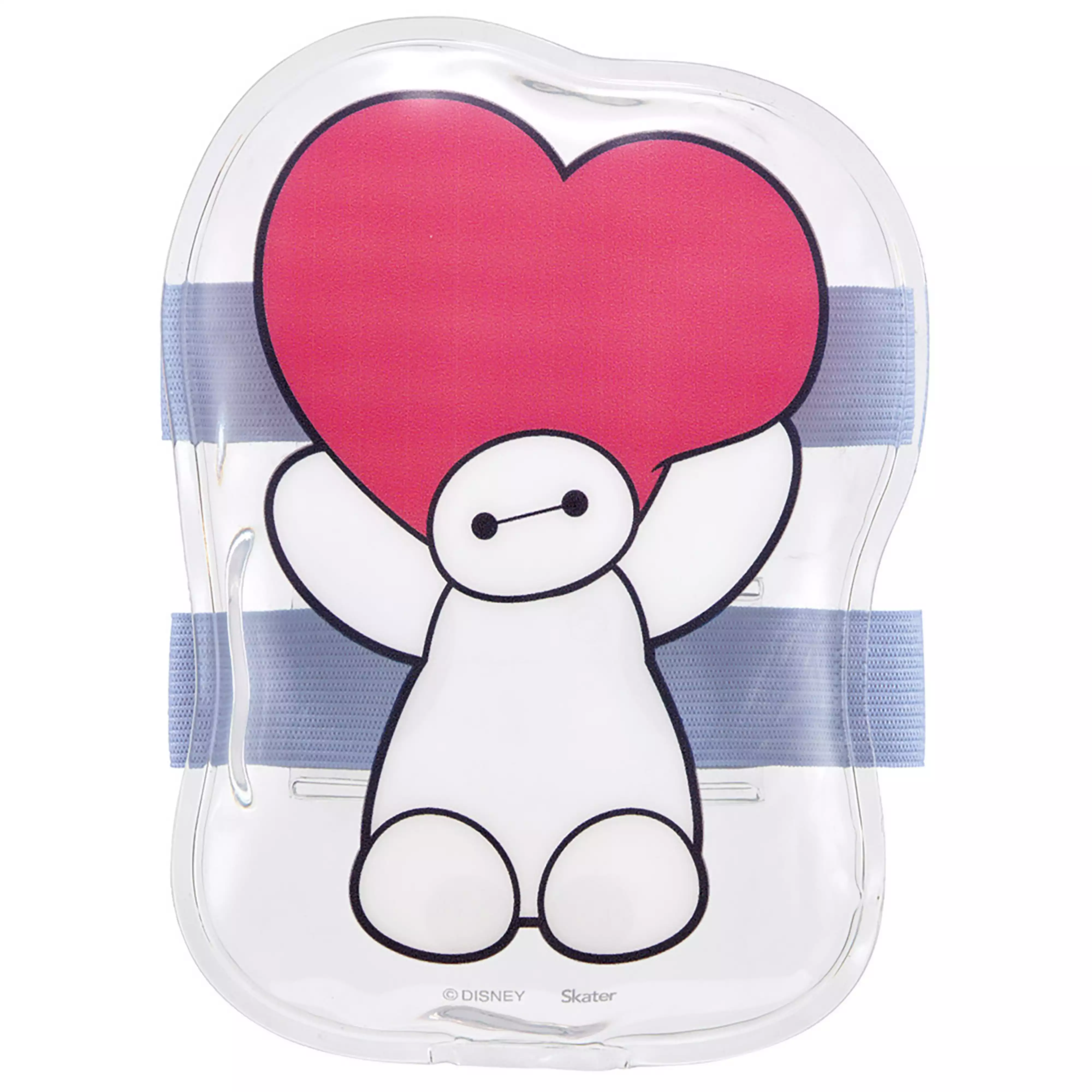 Front view of a Baymax cooling gel pack with attached elastic straps, showing Baymax holding a red heart.
