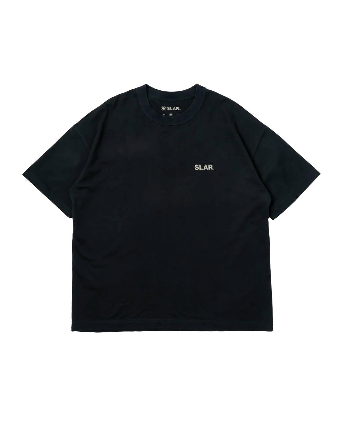 Front view of a black SLAR uniform cotton t-shirt laid flat with a small SLAR. logo on the left chest.