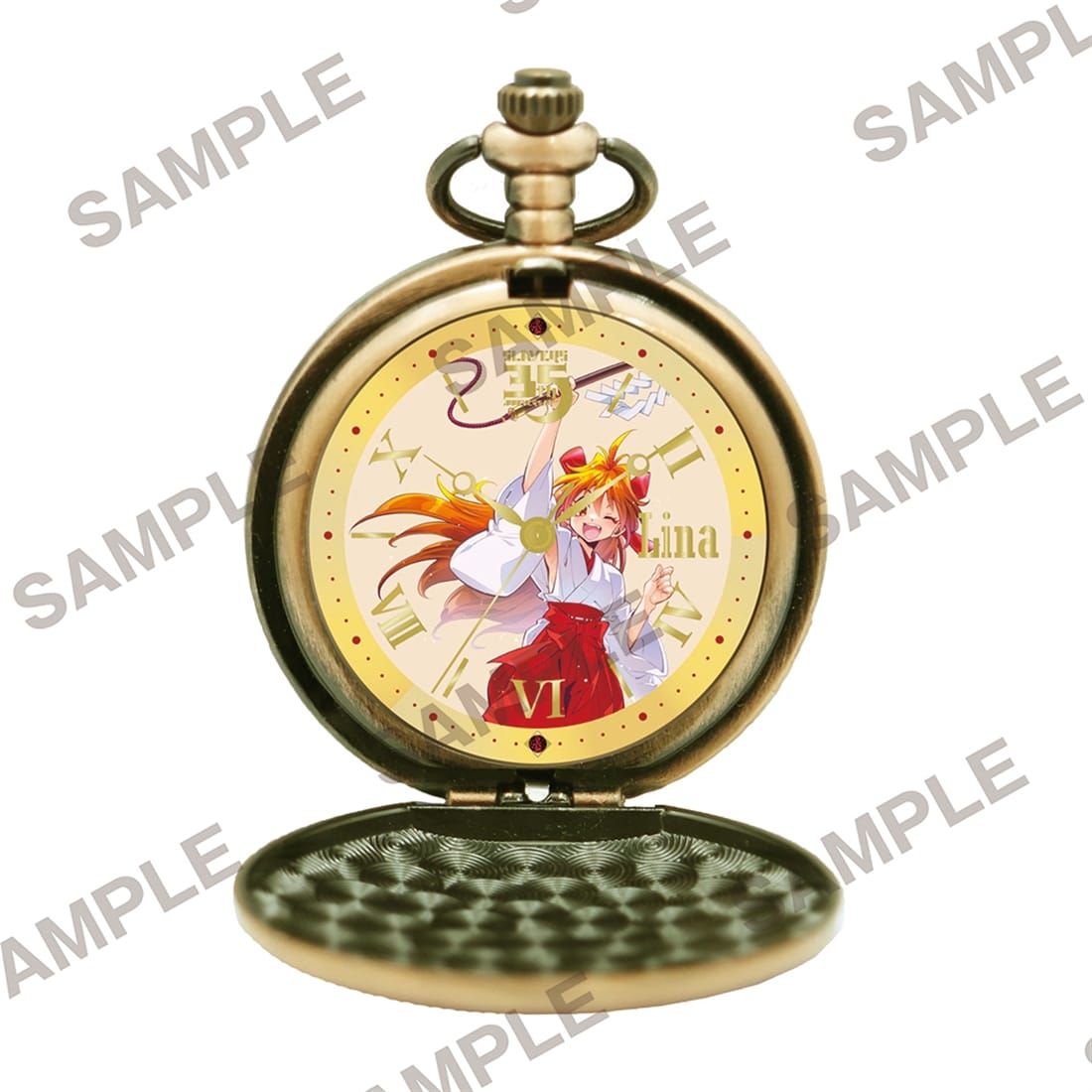 Open pocket watch showing the illustrated Lina (miko) character on the clock face with Roman numerals.