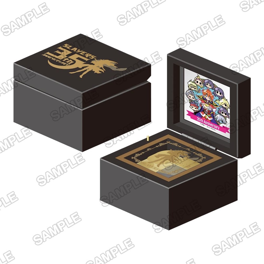 Rendered image of a black music box with a gold 35th Anniversary "Slayers" logo on the lid and a colorful character illustration inside.