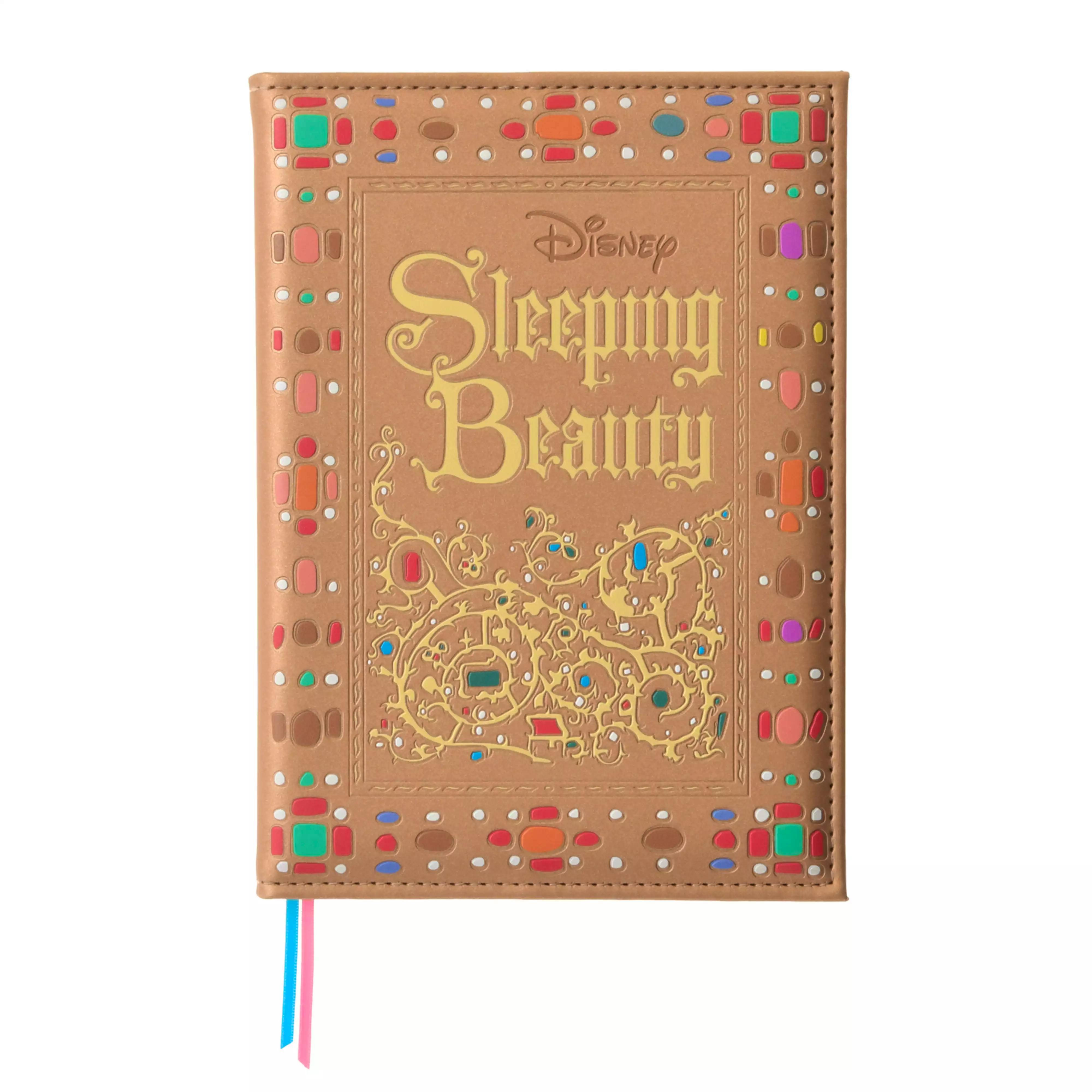 Front cover of the B6 Sleeping Beauty embossed storybook diary showing gold lettering and a decorative colorful border.