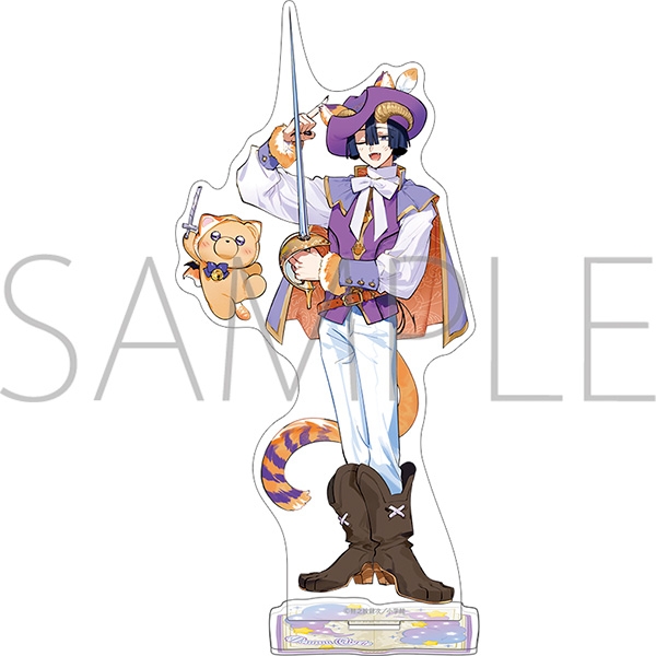 Front view of the acrylic stand (スタンドポップ) from "魔王城でおやすみ" depicting あくましゅうどうし in a purple hat and cape holding a sword with a small bear accessory on a clear base.