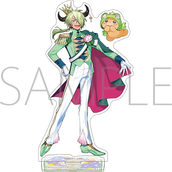 Acrylic stand showing the character '魔王タソガレ' wearing a green and white outfit with a cape and crown, standing on a decorative base alongside a small frog-like companion.