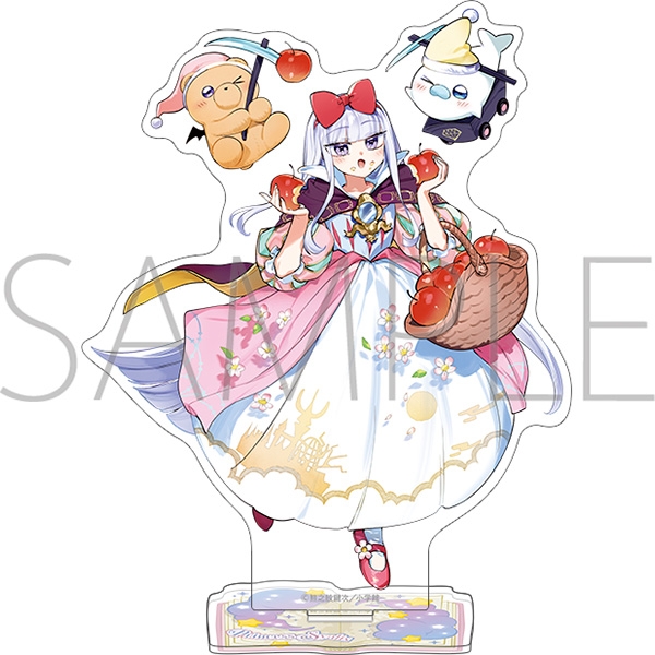 Acrylic stand featuring Suyarisu-hime in a dress holding a basket, with two small companion characters above her.