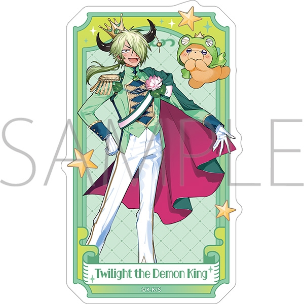 Die-cut paper sticker artwork showing a green-haired Demon King character in a green coat with a small frog plush and the label “Twilight the Demon King.”