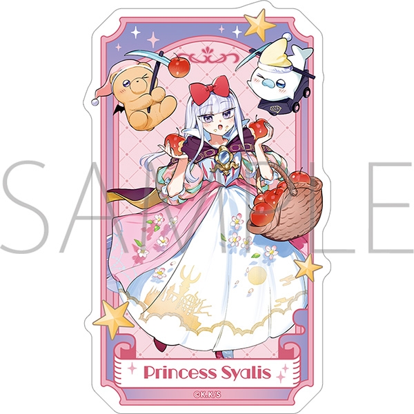 Paper sticker illustration of Princess Syalis in a white and pink dress holding a basket of cherries, flanked by two plush-like characters on a decorative pink background with 'Princess Syalis' text and a SAMPLE watermark.