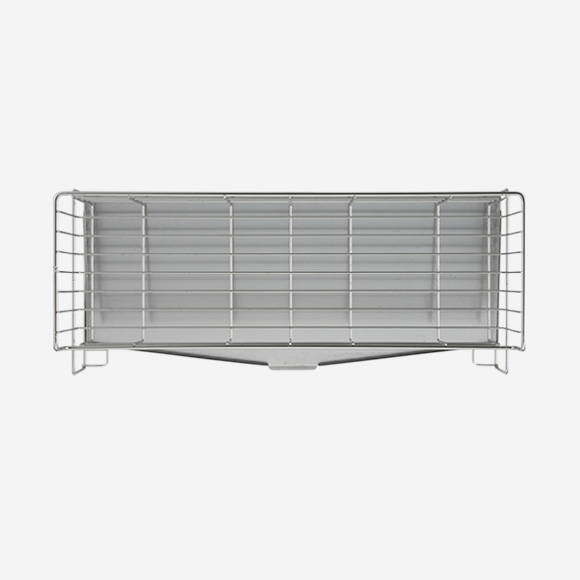 A slim metal dish-draining basket shown from the front with wire sides and a solid base.