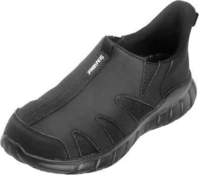 Black SlimWalk slip-on nurse shoe shown at an angle with a thick cushioned sole and elastic gore panels.
