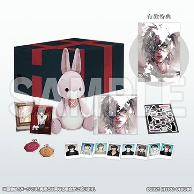 Boxed special edition display showing a pink plush rabbit, a gift-style box, a CD case, artwork cards, stickers, and multiple photo cards.