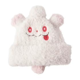 Front view of a white fluffy knit hat with embroidered red eyes, a red tongue, two round ears and a small pompom.