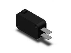 Rendered image of a small black rectangular push-button electrical switch with two flat metal terminals visible.