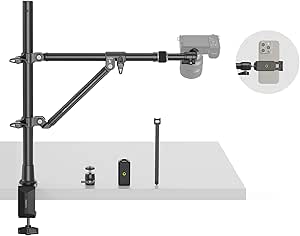 Graphic showing a SmallRig triangle camera desk mount clamped to a tabletop with an auxiliary support rod, a small ball head, and accessories.