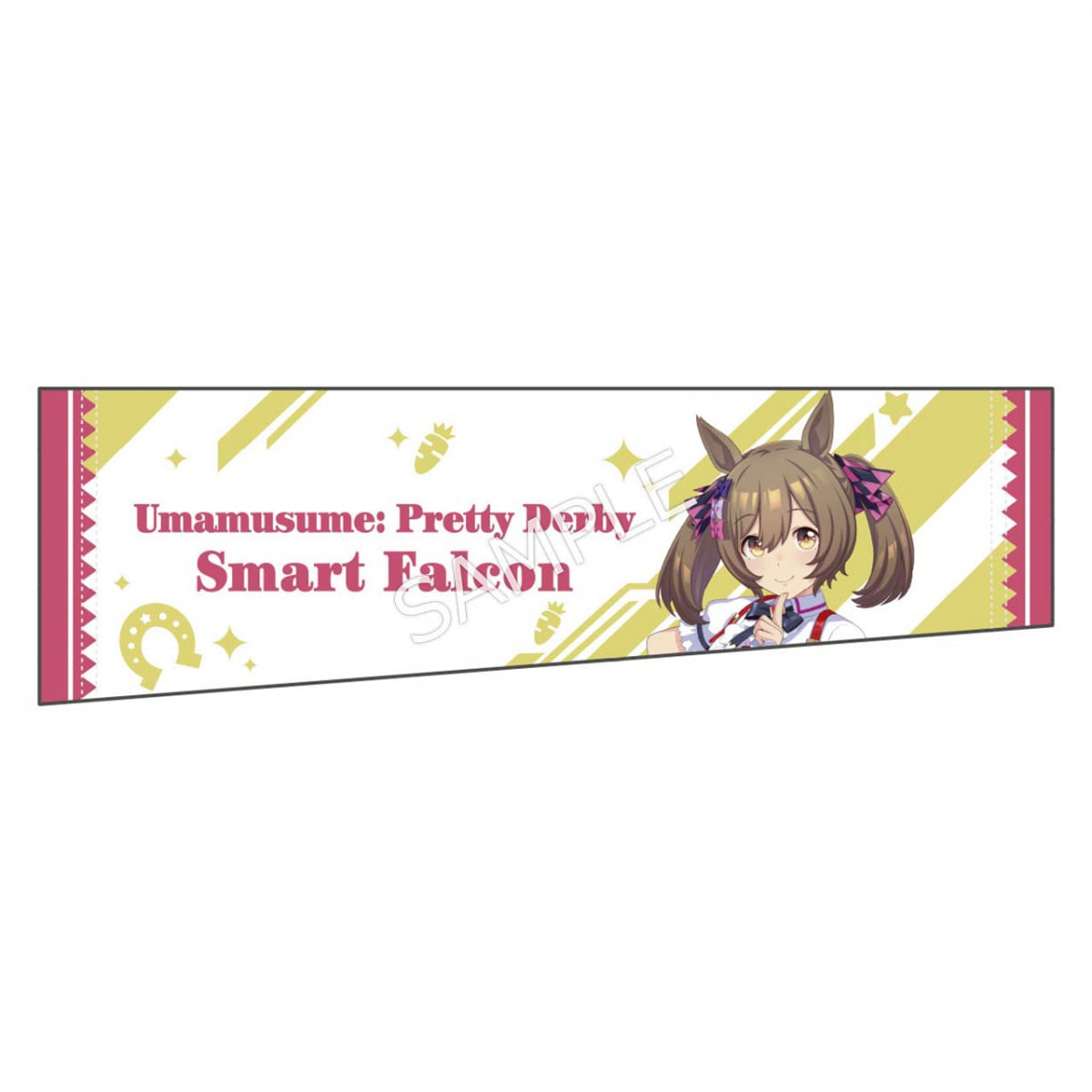 Smart Falcon arm cover design showing the character and the text "Umamusume: Pretty Derby Smart Falcon" on a white and yellow background.